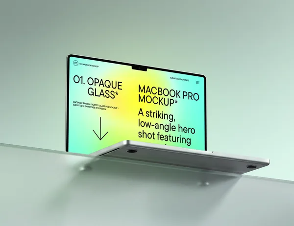 MacBook Pro on Frosted Glass PSD Mockup - Elevated UI Showcase