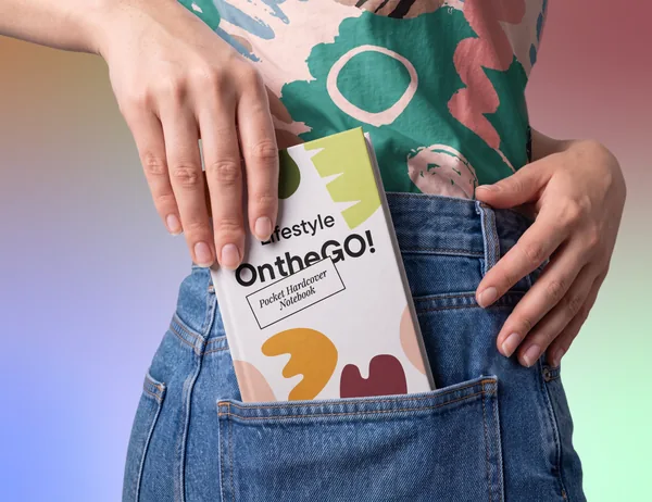 Pocket Hardcover Notebook in Jeans PSD Lifestyle Mockup