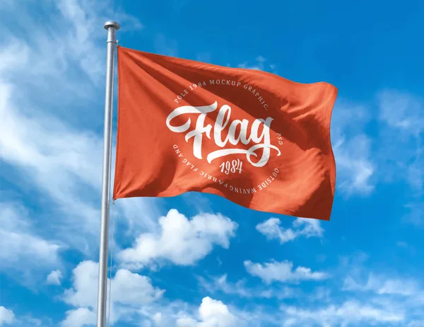 Outside Waving Fabric Flag & Pole PSD Mockup