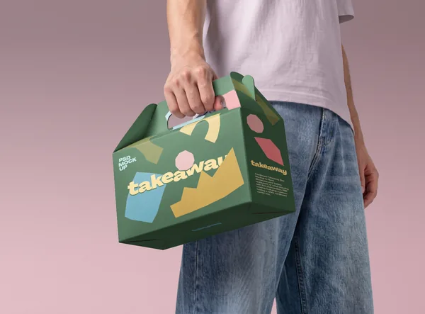 Hand Holding Cardboard Takeaway Carrier Box PSD Mockup