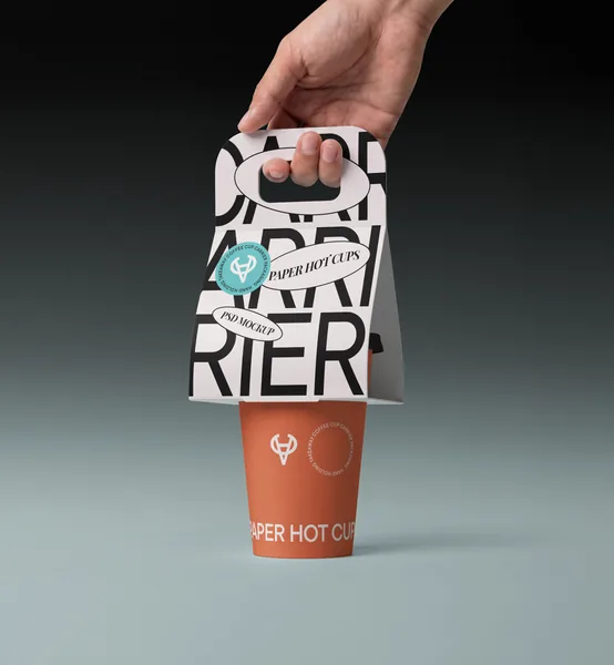 Hand Holding Takeaway Coffee Cup Carrier Packaging PSD Mockup