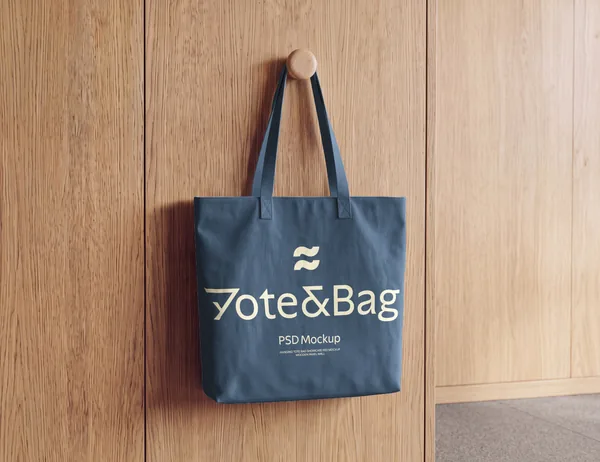 Hanging Tote Bag Showcase PSD Mockup - Wooden Panel Wall