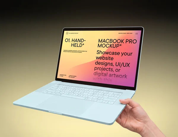 Handheld Modern MacBook Laptop Screen PSD Mockup